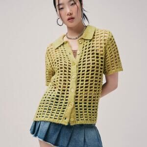 BDG Urban Outfitters Osaka Open-Knit Polo Cardigan Sweater Green Size S